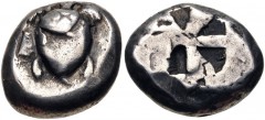 ISLANDS off ATTICA, Aegina. Circa 525-480 BC. AR Stater (17.5mm, 12.32 g). Sea turtle, head in profile, with trefoil collar [and row of dots down its back] / Incuse square of ‘Union Jack’ pattern with