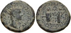 LYDIA, Magnesia ad Sipylum. Gaius (Caligula), with Germanicus and Agrippina Senior. AD 37-41. Æ (21mm, 5.68 g, 12h). Radiate head of Gaius right / Germanicus, wearing capite velato and holding patera,