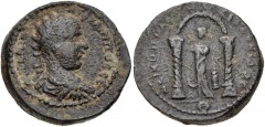 SYRIA, Seleucis and Pieria. Nicopolis Seleucidis. Philip I. AD 244-249. Æ (28mm, 24.73 g, 6h). Radiate, draped, and cuirassed bust right / Distyle shrine, with twisted columns and vaulted roof, and co