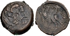 PTOLEMAIC KINGS of EGYPT. Kleopatra VII Thea Neotera. 51-30 BC. Æ Diobol (30mm, 18.32 g, 12h). Uncertain mint on Cyprus(?). Diademed head of Zeus-Ammon right / Two eagles with closed wings standing le