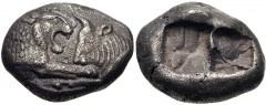 KINGS of LYDIA. Kroisos. Circa 564/53-550/39 BC. AR Hemistater (15mm, 5.20 g). Sardes mint. Confronted foreparts of lion and bull / Two incuse squares. Berk 23; Traité –; SNG Kayhan –; SNG von Aulock 