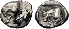 CARIA, Uncertain. Circa 450-400 BC. AR Obol (10.5mm, 1.07 g, 7h). Forepart of bull left / Forepart of bull left within incuse square. Cf. Konuk, Coin M40–43 (diobols with letters in field on rev.); cf