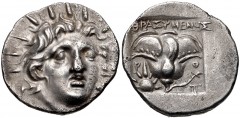 ISLANDS off CARIA, Rhodos. Rhodes. Circa 170-150 BC. AR Hemidrachm (13mm, 1.42 g, 12h). ‘Plinthophoric’ coinage. Thrasymenes, magistrate. Radiate head of Helios facing slightly right / Rose with bud t