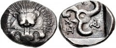 DYNASTS of LYCIA. Trbbenimi. Circa 390-375 BC. AR Stater (25mm, 9.82 g). Zemura (Limyra) mint. Facing lion scalp / Triskeles; small triskeles in one corner, ZẼ and T (in Lycian) around; all within inc