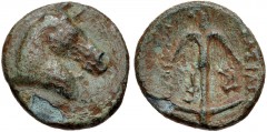 SELEUKID KINGS of SYRIA. Antiochos I Soter. 281-261 BC. Æ (12.5mm, 1.43 g, 7h). Uncertain mint in Mesopotamia or further east. Horned horse head right / Upright anchor; monograms flanking. Cf. SC 377 