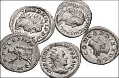 ROMAN. Imperial. Lot of five (5) AR Antoniniani from Gordian III to Herennius Etruscus. Includes: Gordian III: RSC 261. Philip I: RSC 170 // 173. Trajan Decius: RSC 113a. Herennius Etruscus as Caesar: