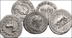 ROMAN. Imperial. Lot of five (5) AR Antoniniani from Philip I to Herennius Etruscus. Includes: Philip I: RSC 50a // 173 // 178. Philip II: RSC 72. Herennius Etruscus as Caesar: RSC 14. VF–Good VF. LOT