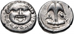 THRACE, Apollonia Pontika. Late 5th-4th centuries BC. AR Drachm (13mm, 2.82 g, 1h). Facing gorgoneion / Upright anchor; A to left, crayfish to right. Topalov, Apollonia 45; SNG BM Black Sea 160–1. Goo