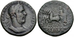 Macrinus. AD 217-218. Æ As (24mm, 10.48 g, 12h). Rome mint. 2nd emission, AD 217-218. Laureate and cuirassed bust right / Macrinus driving quadriga left, holding branch and scepter, crowned by Victory