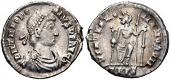 Theodosius I. AD 379-395. AR Siliqua (18mm, 2.04 g, 1h). Treveri (Trier) mint. Struck AD 378-388. Pearl-diademed, draped, and cuirassed bust right / Roma seated facing on throne, head left, holding gl