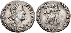 Theodosius I. AD 379-395. AR Siliqua (16mm, 1.56 g, 6h). Treveri (Trier) mint. Struck AD 388-395. Pearl-diademed, draped, and cuirassed bust right / Roma seated left on cuirass, holding crowning Victo