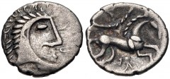 CELTIC, Iceni. Uninscribed. Circa 65-1 BC. AR Unit (14mm, 1.24 g, 8h). Norfolk God, Moustache (Icenian O) type. Head right; [trefoil ornament before, three pellets below] / Horse right; wheel-like obj