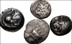 GREEK. Asia Minor. Lot of four (4) AR fractions. Includes: WESTERN ASIA MINOR, Uncertain mint. 5th century BC. AR Tetartemorion(?) (5mm, 0.30 g). Head right, wearing Persian style headdress(?) / Incus
