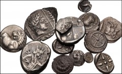 GREEK. Miscellaneous. Lot of fifteen (15) AR Fractions. Includes: THRACE, Abdera. Drachm // Chersonesos. Hemidrachm (2 coins) // Mesembria. Obol // BOEOTIA. Tanagra. Obol // MYSIA. Kyzikos. Obol // IO