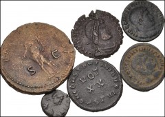 ROMAN. Imperial. Lot of six (6) Æ denominations. Includes: Titus. Æ As. Rome mint. Struck AD 80-81. Pax. RIC II 236. Areas of weak strike // Constantine I. AD 307-337. Æ Half Follis. Rome mint. Struck