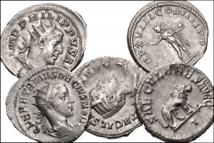 ROMAN. Imperial. Lot of five (5) AR Antoniniani from Caracalla to Herennius Etruscus. Includes: Caracalla. RSC 287 // Philip I. SAECVLARES AVGG types. RSC 173 // 182 // Otacilia Severa. SAECVLARES AVG