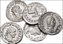 ROMAN. Imperial. Lot of five (5) AR Antoniniani from Philip I to Herennius Etruscus. Includes: Philip I: RSC 17 // 130 // 189 (SAECVLARES AVGG) // Herennia Etruscilla. RSC 19a // Herennius Etruscus. R