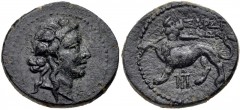 LYDIA, Sardes. Circa 133 BC-AD 14. Æ (19mm, 4.97 g, 12h). Wreathed head of Dionysos right / Horned panther standing left, holding spear with right forepaw that it breaks with teeth; monogram below. Jo