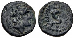 SELEUKID KINGS of SYRIA. Antiochos VII Euergetes (Sidetes). 138-129 BC. Æ (12mm, 0.99 g, 12h). Laodikeia in Phoenicia mint. Diademed head right / [ΒΑΣ]ΙΛΕΩ ΑΝΤΙΟ[ΧΟ], dolphin entwined around trident. 