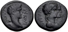 LYDIA, Philadelphia. Gaius (Caligula). AD 37-41. Æ (18mm, 3.73 g, 12h). Group I. G. Julius Diodorus, magistrate. Bare head of Gaius right; star to left / Jugate laureate busts of the Dioscuri right. R