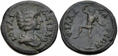 LYDIA, Philadelphia. Julia Domna. Augusta, AD 193-217. Æ (20mm, 4.67 g, 7h). Draped bust right / Pan dancing left. Unpublished in the standard references. VF, green patina. Extremely rare. From the Dr