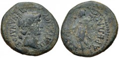 LYDIA, Tralles. Vedius Pollio. Legate of Asia, circa 29/8-27 BC. Æ (19mm, 4.70 g, 12h). Menandros, son of Parrhasios, magistrate. Laureate head of Apollo right / Mercury standing left, holding purse a