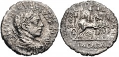 Elagabalus. AD 218-222. AR Denarius (17mm, 2.06 g, 7h). Antioch mint. Struck AD 218-219. Laureate, draped, and cuirassed bust right / Quadriga right bearing stone of Emesa upon which is an eagle; four