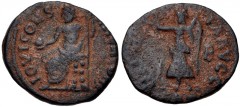 temp. Maximinus II. AD 310-313. Æ (15mm, 1.40 g, 12h). ‘Persecution’ issue. Antioch mint, 2nd officina. Jupiter seated left on throne, holding globe and scepter / Victory advancing left, holding wreat