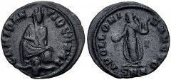 temp. Maximinus II. AD 310-313. Æ (16mm, 1.49 g, 11h). ‘Persecution’ issue. Antioch mint, 10th officina. Tyche seated facing; river-god Orontes swimming below / Apollo standing left, holding patera an