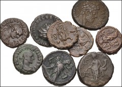 ROMAN. Provincial. Lot of nine (9) BI Tetradrachms from Alexandria in Egypt. Includes: Hadrian // Commodus // Gallienus (2) // Probus // Carus // Numerian (2) // Carinus. Near VF–Good VF. LOT SOLD AS 