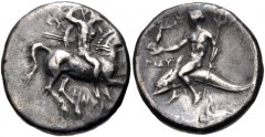 CALABRIA, Tarentum. Circa 280-272 BC. AR Nomos (20.5mm, 6.32 g, 7h). Nude warrior, shield and two spears on his back, thrusting third spear, on horse rearing right; EY to left, ΦINTY[ΛO]Σ below / Phal