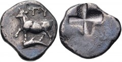 THRACE, Byzantion. Circa 340-320 BC. AR Siglos (17.5mm, 5.08 g). Heifer standing left on dolphin left / Incuse punch of mill-sail pattern. SNG BM Black Sea 21–8. VF, toned, some roughness and light sc