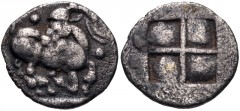 THRACO-MACEDONIAN TRIBES, Mygdones or Krestones. Circa 485-470 BC. AR Diobol (11mm, 0.85 g). Goat kneeling right, head left; pellets around / Quadripartite incuse square. Lorber, Goats, Issue 15; SNG 