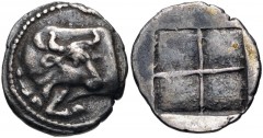 MACEDON, Akanthos. Circa 480-470 BC. AR Tetrobol (14mm, 2.33 g). Forepart of bull left, head reverted; no subsidiary symbol / Quadripartite incuse square with granulated recesses. SNG ANS 30–2. VF, da