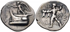 KINGS of MACEDON. Demetrios I Poliorketes. 306-283 BC. AR Drachm (19mm, 4.14 g, 12h). Tarsos mint. Struck circa 298-295 BC. Nike standing left on prow of galley left, blowing trumpet and cradling styl