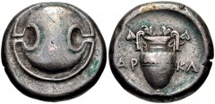 BOEOTIA, Thebes. Circa 368-364 BC. AR Stater (20.5mm, 11.91 g). Arka-, magistrate. Boeotian shield / Amphora, ivy leaves on handles; AR-KA across central field; all within concave circle. Hepworth 14;