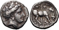 EUBOIA, Histiaia. Circa 350-300 BC. AR Drachm (16mm, 3.39 g, 6h). Wreathed head of Histiaia right / Horned cow standing right; grape vine in background, grape bunch to right. BCD Euboia 370–1; HGC 4, 