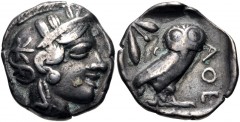 ATTICA, Athens. Circa 454-404 BC. AR Tetradrachm (24mm, 15.78 g, 2h). Helmeted head of Athena right, with frontal eye / Owl standing right, head facing; olive sprig and crescent behind; all within inc