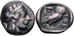 ATTICA, Athens. Circa 454-404 BC. AR Drachm (14mm, 3.94 g, 10h). Helmeted head of Athena right, with frontal eye / Owl standing right, head facing; olive sprig behind; all within incuse square. Kroll 