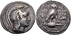 ATTICA, Athens. Circa 165-42 BC. AR Tetradrachm (30mm, 16.58 g, 11h). New Style coinage. Miki– and Theophra–, magistrates. Struck 137/6 BC. Helmeted head of Athena right / Owl standing right, head fac