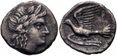 SIKYONIA, Sikyon. Circa 350-330/20 BC. AR Obol (11mm, 0.71 g, 6h). Laureate head of Apollo right / Dove flying left; no letters in fields. BCD Peloponnesos 262 var. (letters on rev.); HGC 5, 227 var. 