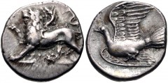 SIKYONIA, Sikyon. Circa 330/20-280 BC. AR Hemidrachm (15mm, 2.87 g, 9h). Chimaera standing left; ΣI below / Dove flying left; pellet to left. BCD Peloponnesos 292 var. (pellet above tail); HGC 5, 213.