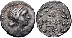 ACHAIA, Patrai. Circa 35 BC. AR Hemidrachm (15mm, 2.28 g, 7h). Damasias, son of Agesilaus, magistrate. Head of Aphrodite right, wearing stephane / ΔA/MACIAC above Patrai monogram; all within wreath. B