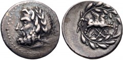 ACHAIA, Achaian League. Corinth. Circa 160-146 BC. AR Triobol – Hemidrachm (16.5mm, 2.38 g, 9h). Laureate head of Zeus left / Pegasos flying right above monogram of the Achaian League; K above monogra