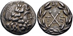 ACHAIA, Achaian League. Tegea. Early 1st century BC. AR Triobol – Hemidrachm (14mm, 2.39 g, 9h). Laureate head of Zeus right / Monogram of the Achaian League; T E flanking; all within laurel wreath. B