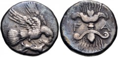 ELIS, Olympia. 134th-143rd Olympiad. Circa 244-208 BC. AR Drachm (17mm, 4.50 g, 1h). Eagle, with wings displayed above, flying right, holding hare by its back and tearing at it with his beak / Thunder