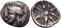 CRETE, Itanos. Circa 320-270 BC. AR Obol (12mm, 0.92 g). Helmeted head of Athena left / Star with eight rays. Svoronos, Numismatique 39; SNG Copenhagen 477. Fine, toned, crude obverse die. From the co