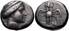 PONTOS, Amisos. Circa 300-125 BC. AR Drachm (14mm, 2.77 g, 12h). Head of Hera right, wearing stephanos / Owl, with wings spread, standing facing on shield; KE-PKI across lower field. Malloy 9d; HGC 7,