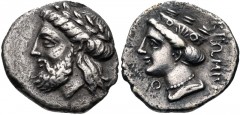 PAPHLAGONIA, Kromna. 4th century BC. AR Drachm (18mm, 3.27 g, 12h). Laureate head of Zeus left / Head of Hera left, wearing ornate stephanos, earring, and pearl necklace; Θ below chin, ΚΡΩΜΝΑ to right