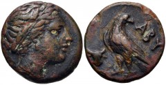 TROAS, Abydos. 4th century BC. Æ (12mm, 1.67 g, 6h). Laureate head of Apollo right / Eagle standing left; boukranion to lower left. SNG Ashmolean 979; SNG Copenhagen 36. Near VF, brown patina, deposit